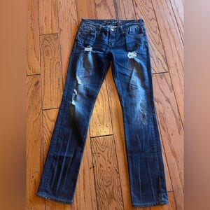 7 For All Mankind Dark Blue Distressed Straight Leg Jeans